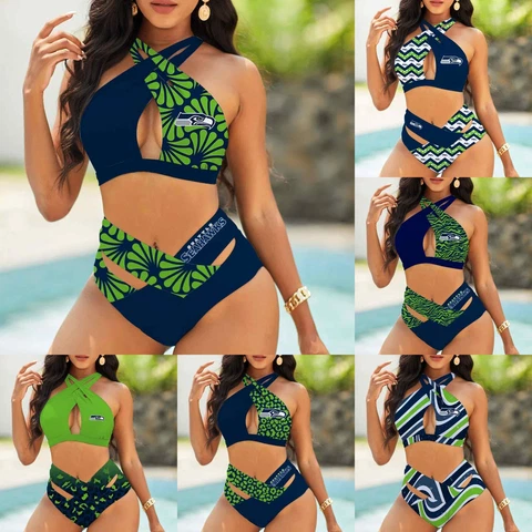 Seattle Seahawks Women's 2PCS Criss Cross Halter Bikini Set Beach Swimsuit Gift Cover