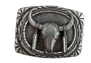 Hebilla de cinturón calavera de novillo, metal de peltre plateado, Ege 1993 EE. UU. Nuevo stock antiguo - Imagen 1 de 7