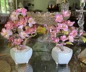 Bonsai di giada fiori di ciliegio in vetro vintage realizzati per gommoni 2 in vasi Celadon - Foto 1 di 18