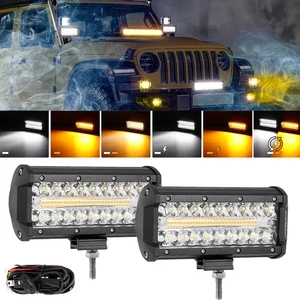 AUXBEAM 2X 7" LED Light Bar Amber White Strobe Offroad Driving Light w/ Wiring - Picture 1 of 12