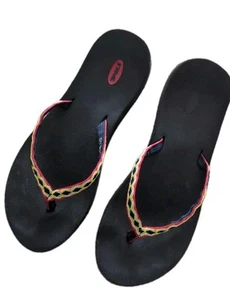 Teva Sandal Womens 10 Black Yellow Red Flip Flop Beach Outdoor Thin Strap - Picture 1 of 3