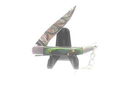 Toothpick Pocket Knife Folder Damascus Forge Blade Dark Green Handles +Key Chain - Image 1 of 4