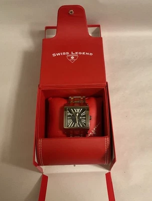 Swiss Legend Watch VINTAGE Colosso Silver & Gold Band Black Face Crystal Bezel - image 1 of 4