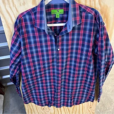 Bristol & Bull Men's Plaid Button-Down Shirt – Red & Navy Check, Size Large - Image 1 of 4