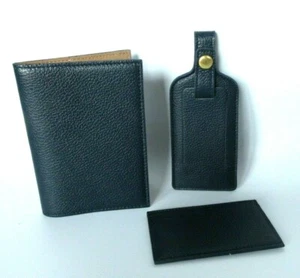 Three Piece Set Passport Holder Luggage Tag Card Case Leather Navy Made in USA - Picture 1 of 7