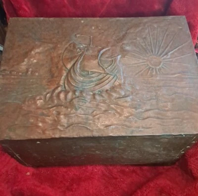 Vintage Rare Decor Hand Carved Brass Copper Cover Fitted Wooden Old Storage Box - Image 1 of 4