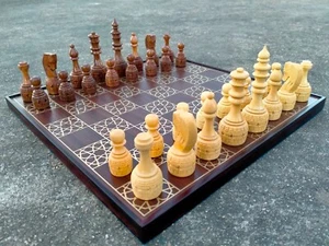 Wooden Brass Inlay Work Flat Chess 13"x13" Inch With Apple Chess Pieces Set - Picture 1 of 11
