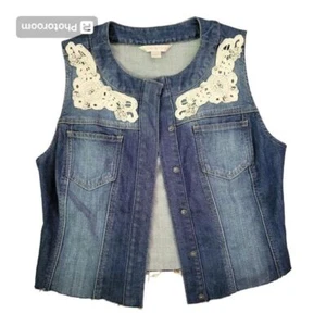 Boston Proper Vintage Boho lace, pearl And Denim beaded vest Size S - Picture 1 of 5