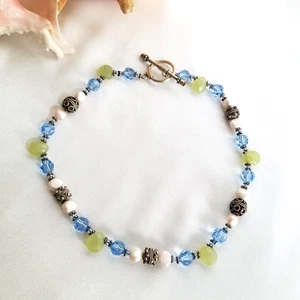 Semi Precious Gemstone/Genuine Pearl Necklace With Sterling Silver Clasp & Beads - Picture 1 of 8