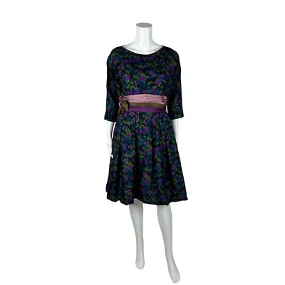 Vintage 50s Party Dress Women's Large Purple Blue Floral Print Fit And Flare - Image 1 of 4
