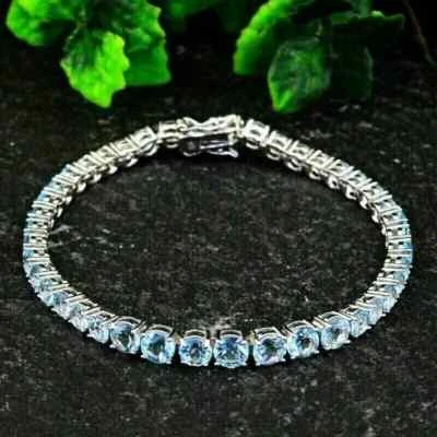 14K White Gold Plated 7Ct Round Cut Simulated Aquamarine Tennis Bracelet - Image 1 of 4