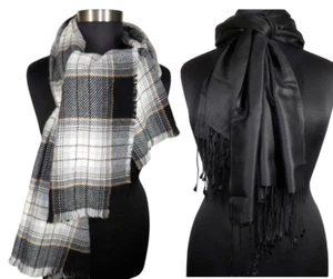 Aqua Made In Germany Black Plaid Scarf And Black Lightweight Fringed Scarf - Picture 1 of 13