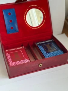 Vintage PLAYING CARD POKER 2 PAIRS in red leather cover and embroidered flower - Picture 1 of 15