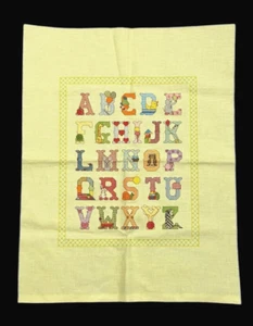 Vintage Alphabet Sampler Cross Stitch Unframed Completed Needlework Toys Yellow - Picture 1 of 9