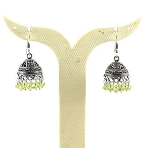 Earrings Natural Peridot Gemstone Handmade Beads Jewelry Oxidized Jhumki Jewelry - Picture 1 of 2