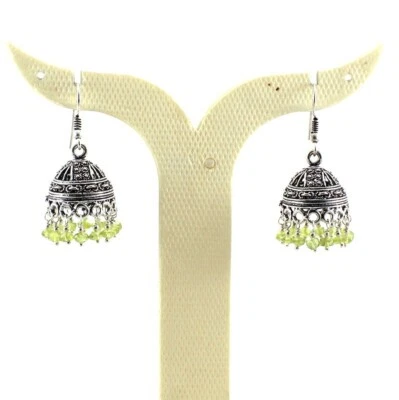 Earrings Natural Peridot Gemstone Handmade Beads Jewelry Oxidized Jhumki Jewelry - Image 1 of 2