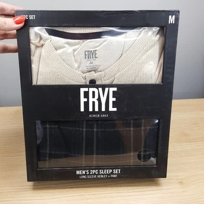 FRYE Sleepwear Mens Medium Taupe Charcoal Thermal Henley Fleece Pants Pajama Set - Image 1 of 4