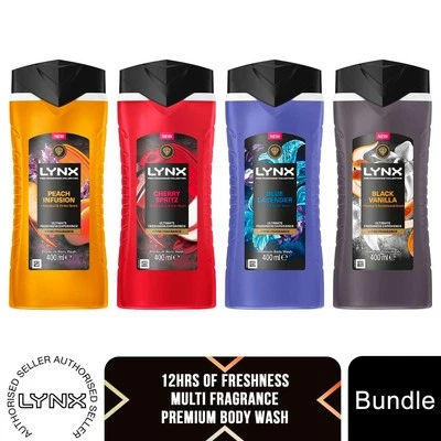 Gel de ducha Lynx paquete de 4 paquetes de 400 ml vainilla negra, lavanda azul, cereza y melocotón