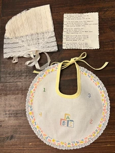 Handmade Cross Stitch Baby Bib ~ Wedding Handkerchief / Bonnet ~ Something Old - Picture 1 of 5