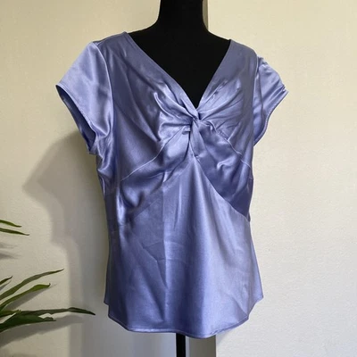 TALBOTS Vtg Satin Top 18 Pure Silk Cap Sleeve Double V-Neck Periwinkle Blue - Image 1 of 4