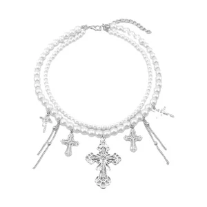 Elegant Pearls Necklace Charm Crosses Pendant Necklace with Sparkling Diamonds - Picture 1 of 8