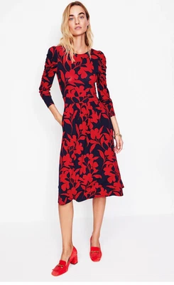 Boden Red Puff Sleeve Blouson Dress Womens 6 Long Floral Quarter Sleeve New - Image 1 of 4
