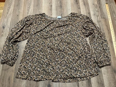 Camisa AVA VIV Para Mujer Talla Grande 1X, Negro Marrón Blanco Estampado Guepardo Manga Larga Foto 1 de 4