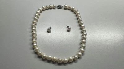 Perlenkette mit Ohrstecker, 11-12mm, 925 Silber, Süßwasser, Zuchtperlen - Bild 1 von 4