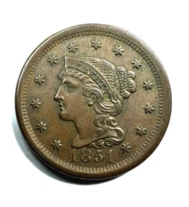 1851 Braided Hair Large Cent AU+ 801 all-natural toning slight wear - Picture 1 of 2