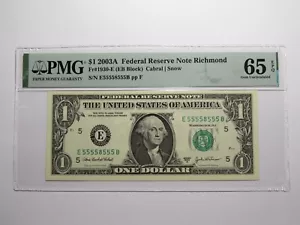 $1 2003 Near Solid Serial Number Federal Reserve Bank Note Bill UNC65 #55558555 - Picture 1 of 3