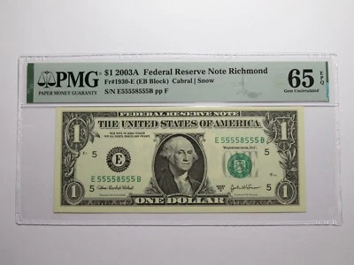 $1 2003 Near Solid Serial Number Federal Reserve Bank Note Bill UNC65 #55558555 - Image 1 of 3