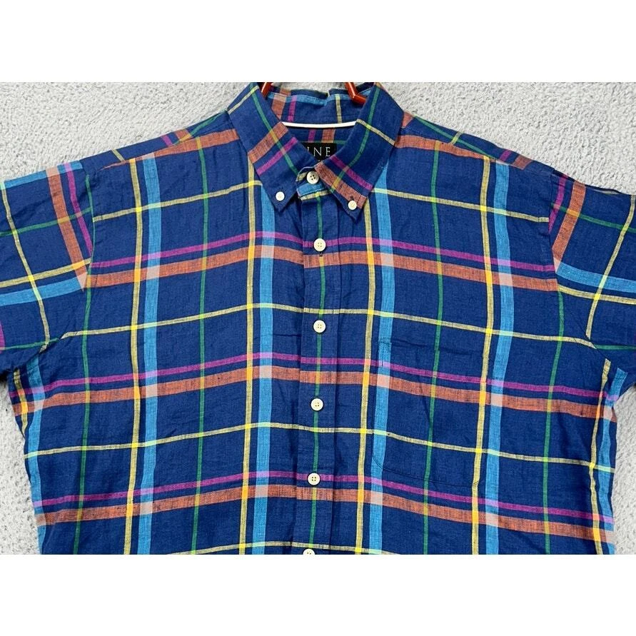 Mine Shirt Adult XL Blue Plaid 100% Linen Button Down Long Sleeve Pocket Mens - Image 1 of 4