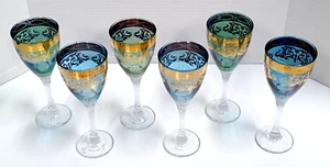 Gold Gilded Venetian Crystal Wine Glasses Blue Green Hand Blown ITALY Set of 6 - Picture 1 of 3