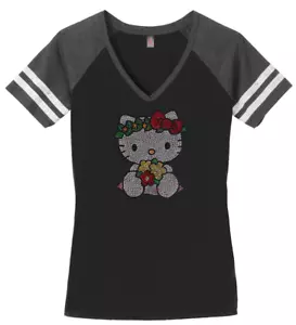 Women's Hello Kitty T-Shirt Ladies Tee Shirt S-4XL Bling V-Neck - Picture 1 of 2