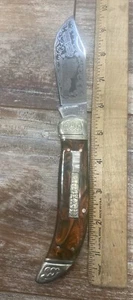 Schrade SCL 2 Brown Celluloid 2007 Handmade Hunter 1 Blade Limited Scrolled - Picture 1 of 7