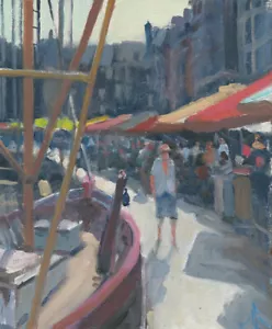 ORIGINALE MICHAEL RICHARDSON "Passeggiare Honfleur" Normandia mare QUADRO OLIO - Foto 1 di 1