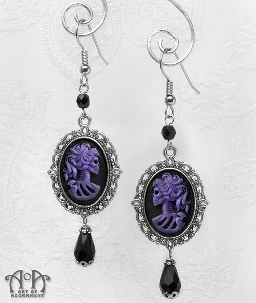 Gothic Punk Lolita LADY SKELETON CAMEO EARRINGS Skull Purple Black Silver Beaded - Image 1 of 2