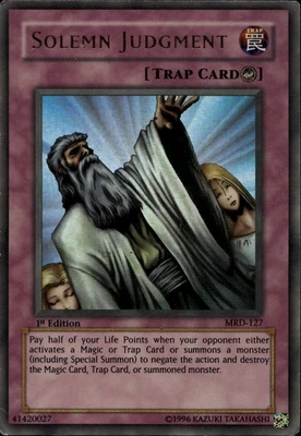 Solemn Judgment NA 1st Ed Ultra Rare Creased MRD-127  Yu-Gi-Oh! - Image 1 of 2