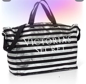 Große Victoria's Secret Tasche schwarz & silber gestreift Reisetasche neu mit Etikett - Bild 1 von 4