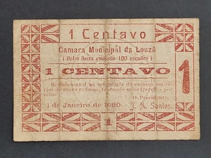 PORTOGALLO EMERGENZA CARTAMONETA CAMARA MUNICIPAL DA LOUZÃ 1 CENTAVO 1920 Notgeld - Foto 1 di 4