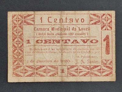 PORTUGAL EMERGENCY PAPER MONEY CAMARA MUNICIPAL DA LOUZÃ 1 CENTAVO 1920 Notgeld - Image 1 of 4