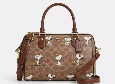 NWT COACH X Peanuts Rowan Satchel Bag In Signature Canvas Snoopy Print Tan Brown - Image 1 of 4