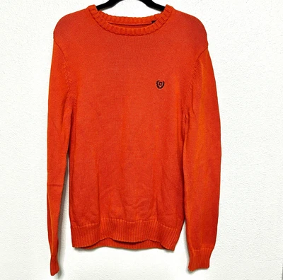 CHAPS Vibrant Orange COTTON SHAKER KNIT SWEATER Crew Neck NAVY BLUE LOGO sz XL - Image 1 of 4