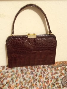 BOLSO DE MANO LESCO vintage de cuero de cocodrilo marrón oscuro - Imagen 1 de 11
