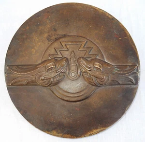 Antique Art Deco Bronze Plaque With 2 Dragon, Beast Heads in Raised Relief - Picture 1 of 6