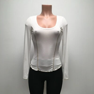 Sunday Best Womens White Long Sleeve Lettuce Trim Scoop Neck Ribbed T-Shirt S - Image 1 of 4