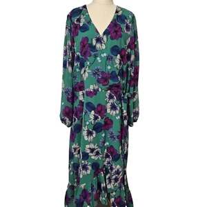 Jacqui E Maxi Dress Womens Size 20 Green Floral Curve Long Sleeve Flowy Lined - Picture 1 of 9