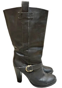 LAUREN RALPH LAUREN Moto Heeled Boots SIZE 8 Black Leather Mid Calf Buckle - Picture 1 of 13