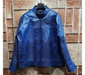 New Genuine Handmade Men's Leather Jacket Crocodil Pattern Blue Motorbike Jacket - Picture 1 of 3