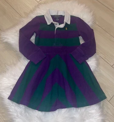 Vestido Polo Ralph Lauren Cuello Rayas Manga Larga Niñas 4 4T Verde Púrpura Foto 1 de 4